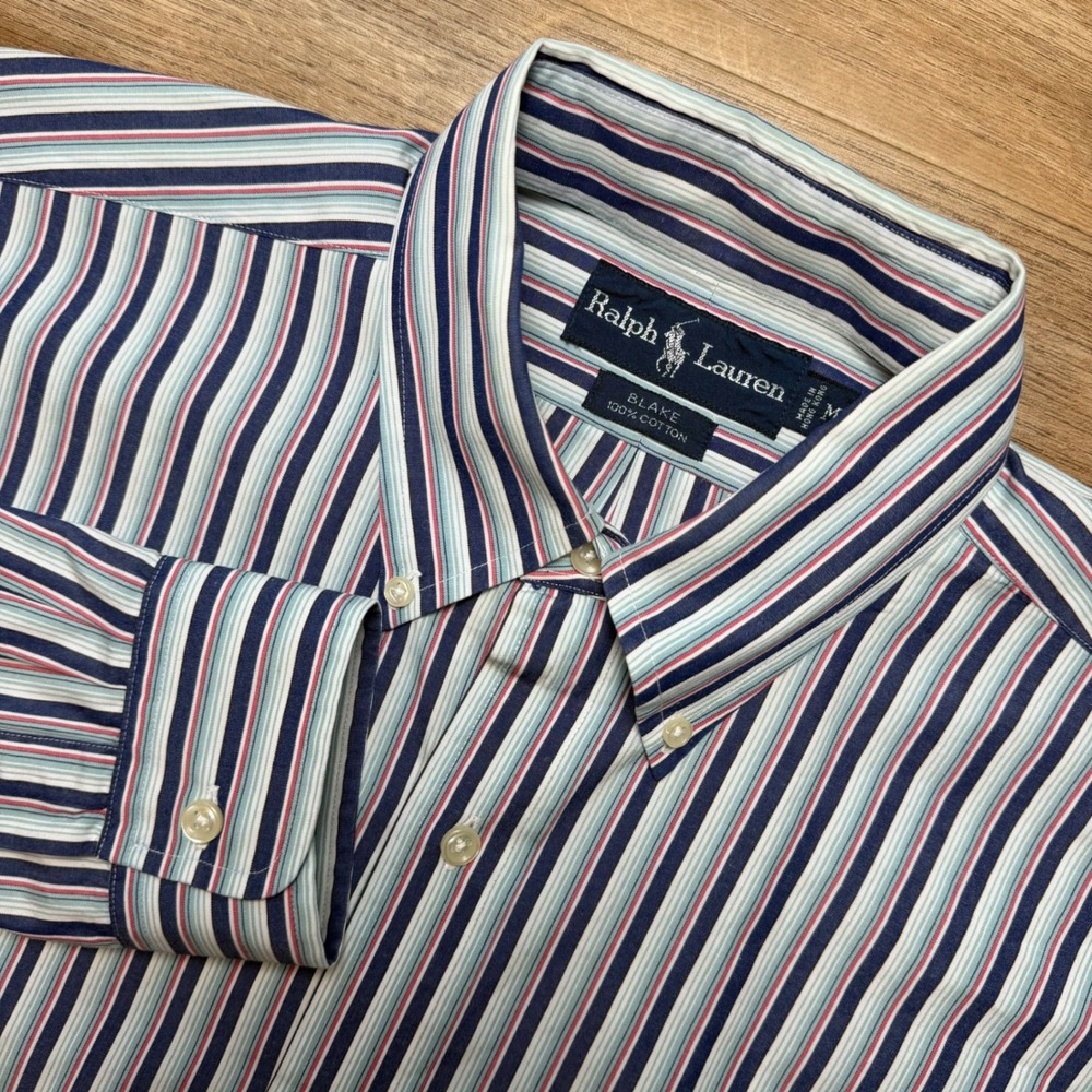 Ralph Lauren Button Down Shirt Mens Medium Blue Red Striped Blake Oversized L/S